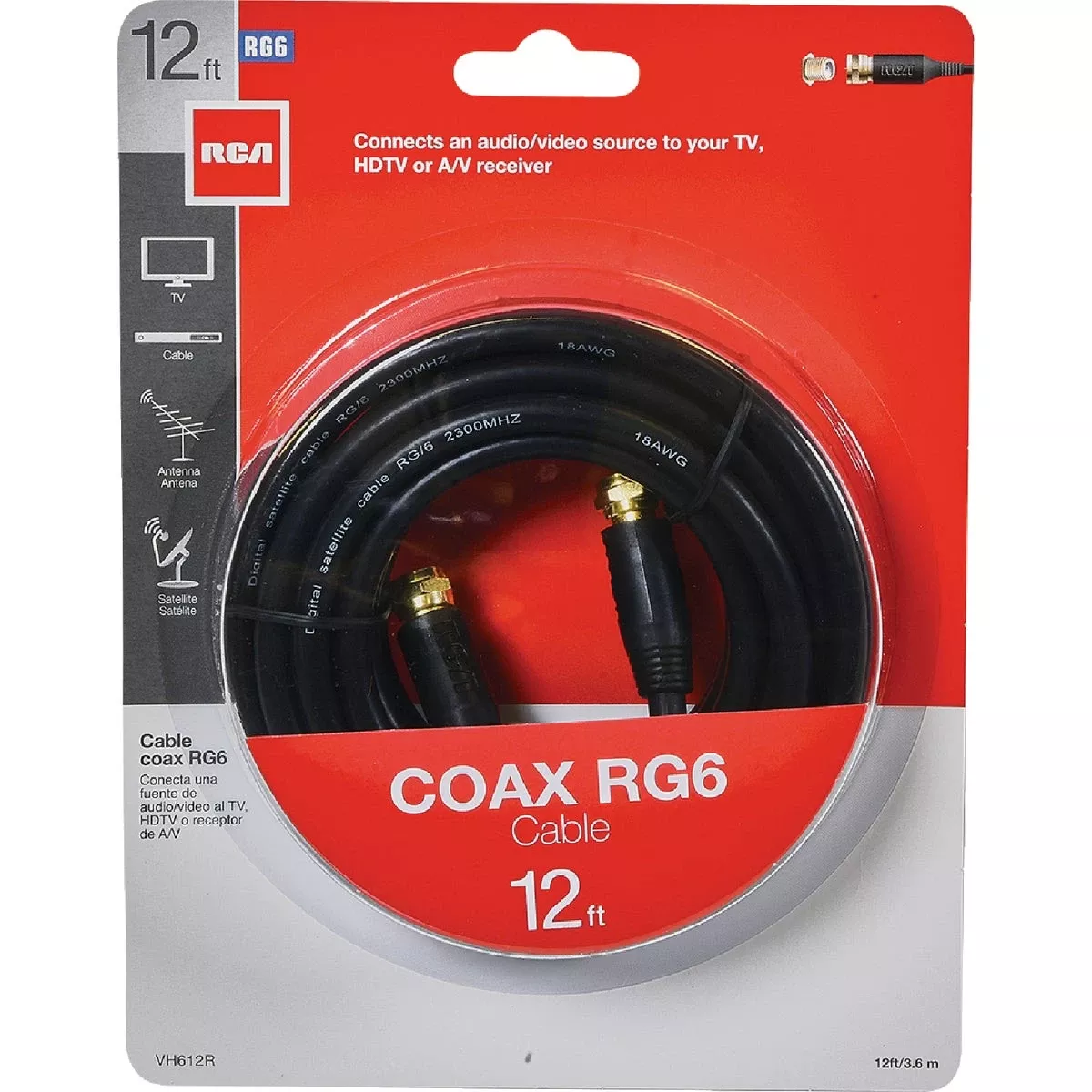 RG6 Coaxial Cable WithFConnectors, Black, 12 Ft.