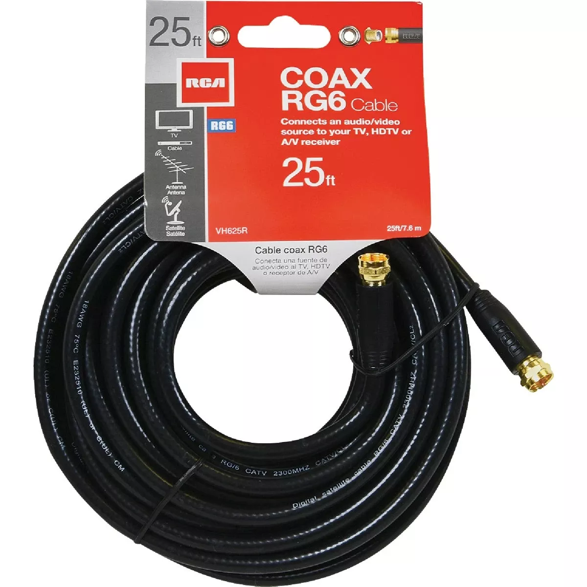 RG6 Coaxial Cable WithFConnectors, Black, 25 Ft.