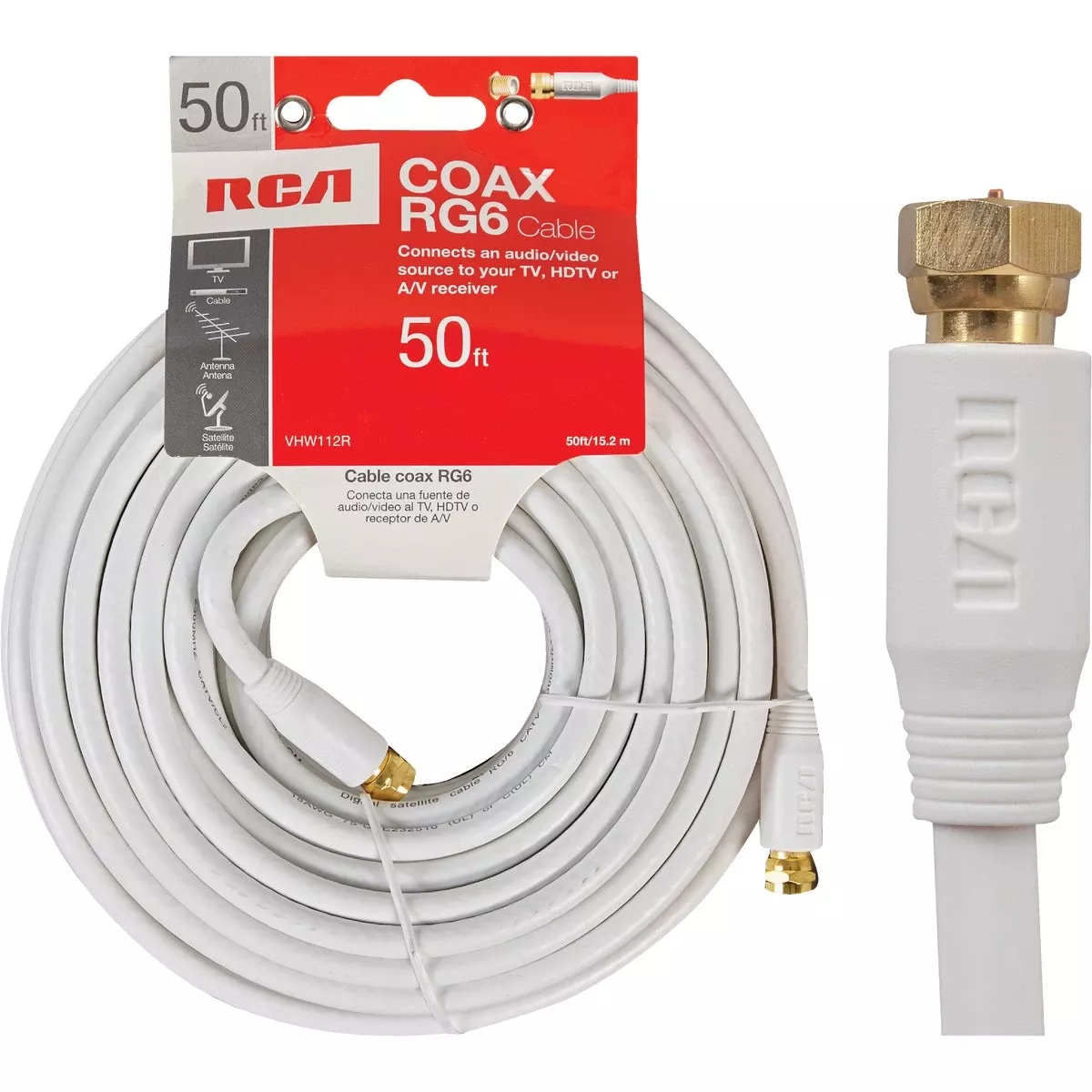 RG6 Coaxial Cable WithFConnectors, White, 50 Ft.