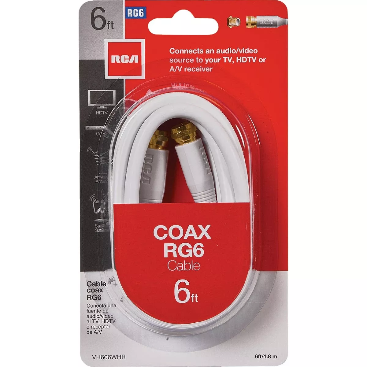 RG6 Coaxial Cable WithFConnectors, White, 6 Ft.