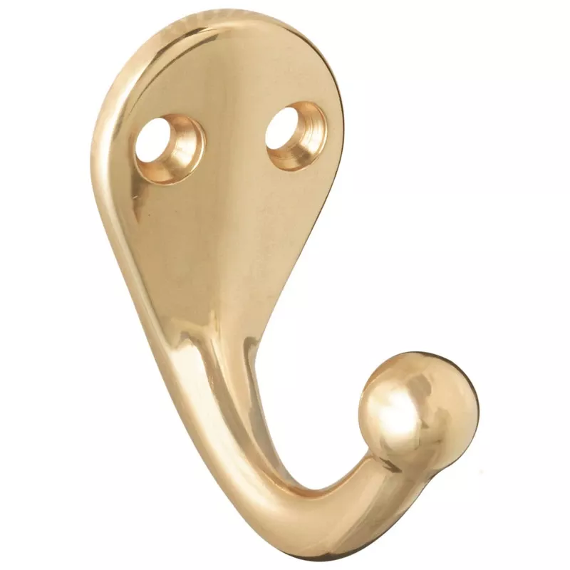 Wall Hook for Clothes, Single Prong, Polished Solid Brass